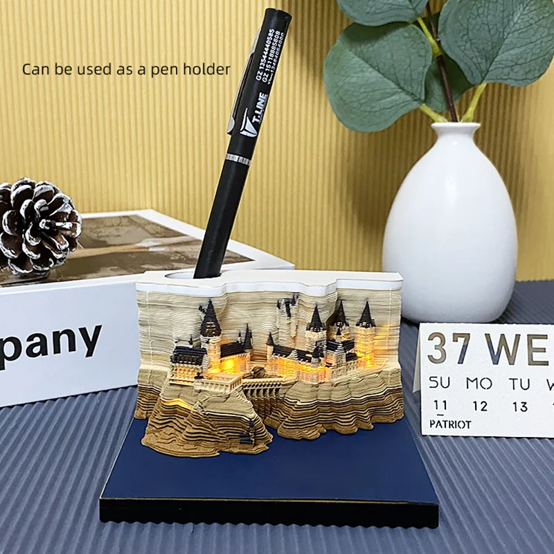 ogwPOmoshiroi Block 3D Notepad 2024 Calendar 3D Calendar Howarts Castle 3D Memo Pad Paper Notes Sticky